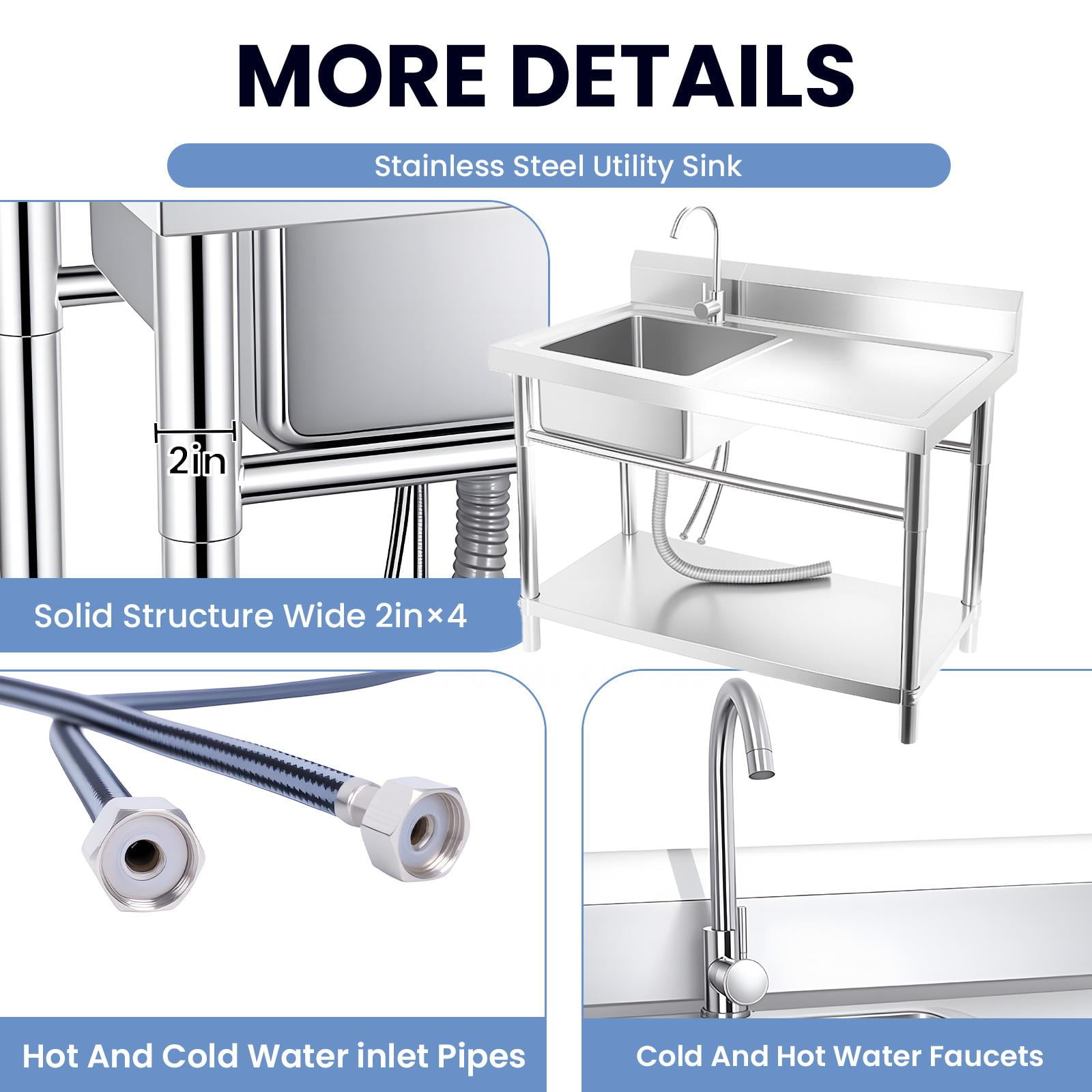 Stainless Steel Commercial Utility Sink with Cold & Hot Water Faucet, Heavy Duty Free Standing Sink, Outdoor Freestanding Kitchen Sink for Food Truck & Stall