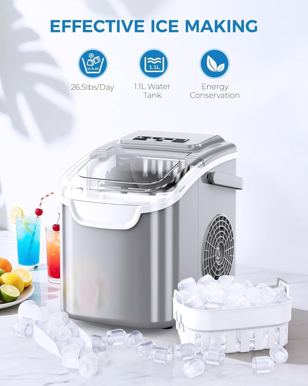 WAA 8 Large Bullet Ice Countertop Ice Maker,26 lbs/Day Portable Ice Machine,Self-Cleaning Compact Electric Ice Maker with Handle for Kitchen,Home Bar,Office,Apartment & RV