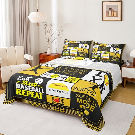 Homewish Baseball Yellow White Check Twin 3-Piece Reversible Boys Kids Luxury Sport Gaming Sheet Set