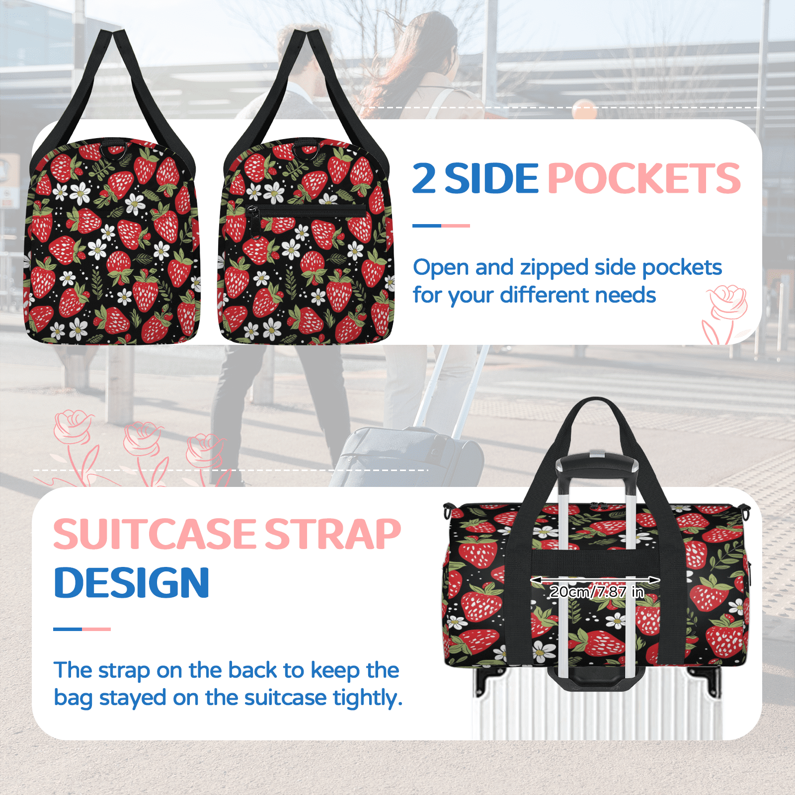 Herdesigns Strawberry Travel Duffle Bag Sports Yoga Weekender Overnight Carry on Workout Bags Lightweight Waterproof Gym Tote Bag for Women