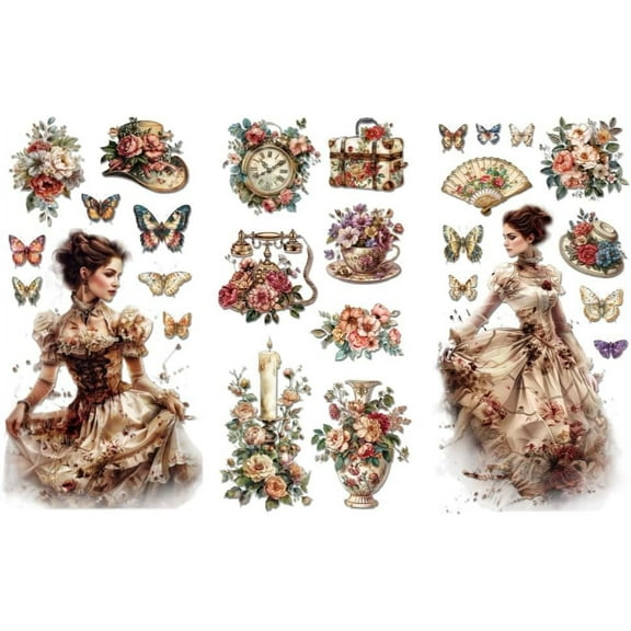 Rub on Transfer Decals for Furniture Crafts 6"x12" 3Pcs Waterproof UV Transfer Decals Sticker for Dresser Glass Porcelain Paper Wood Cloth Decor(Vintage Victorian Lady) Colorful