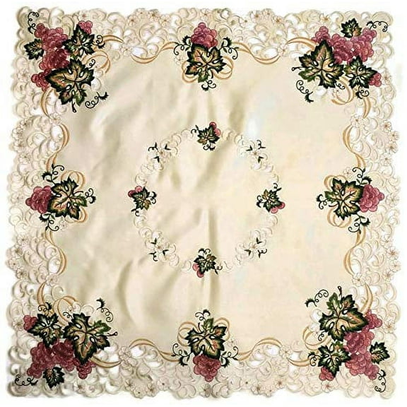 Doily Boutique Tablecloth or Table Topper Square Embroidered with Red Purple Grapes on Ivory Fabric, Size 34 inches