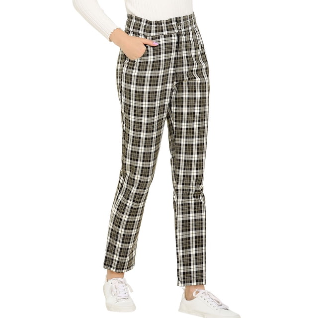 INSPIRE CHIC Pantalones A Cuadros Escoceses Con Bolsillo Cintura Alta Elástica Pantalones De Oficina Trabajo Para Mujeres Negro S
