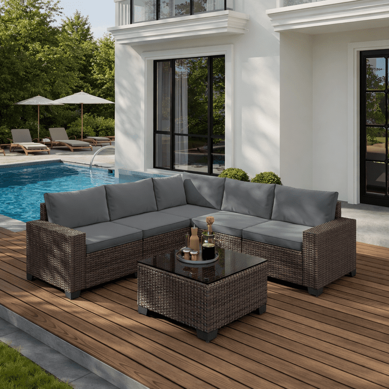 Aiho Outdoor Patio Furniture Set with All Weather Wicker, 6 Pieces Outdoor Sectional Sofa with Soft Cushions and Coffee Table, For Garden, Backyard, Poolside, Patio, Porch and Balcony - Gray