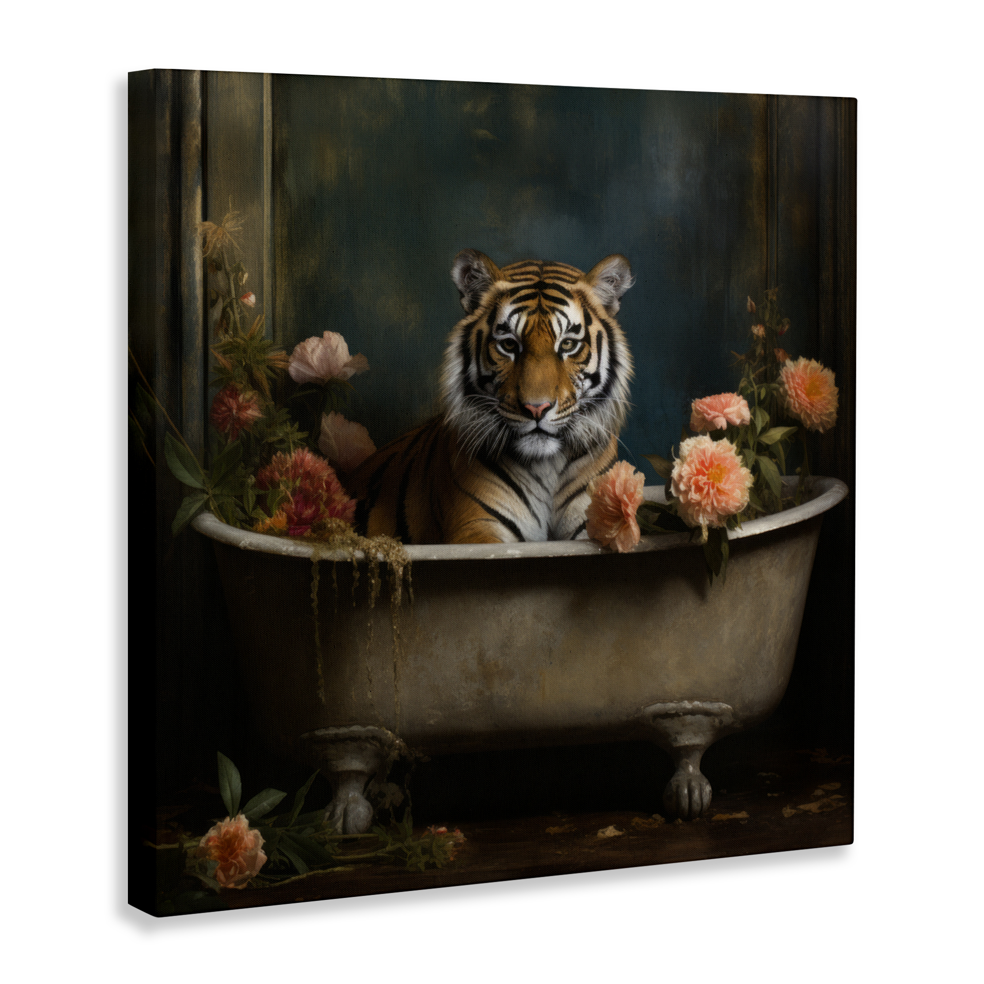 Tiger in Floral Bathtub Canvas Art, 17 x 17