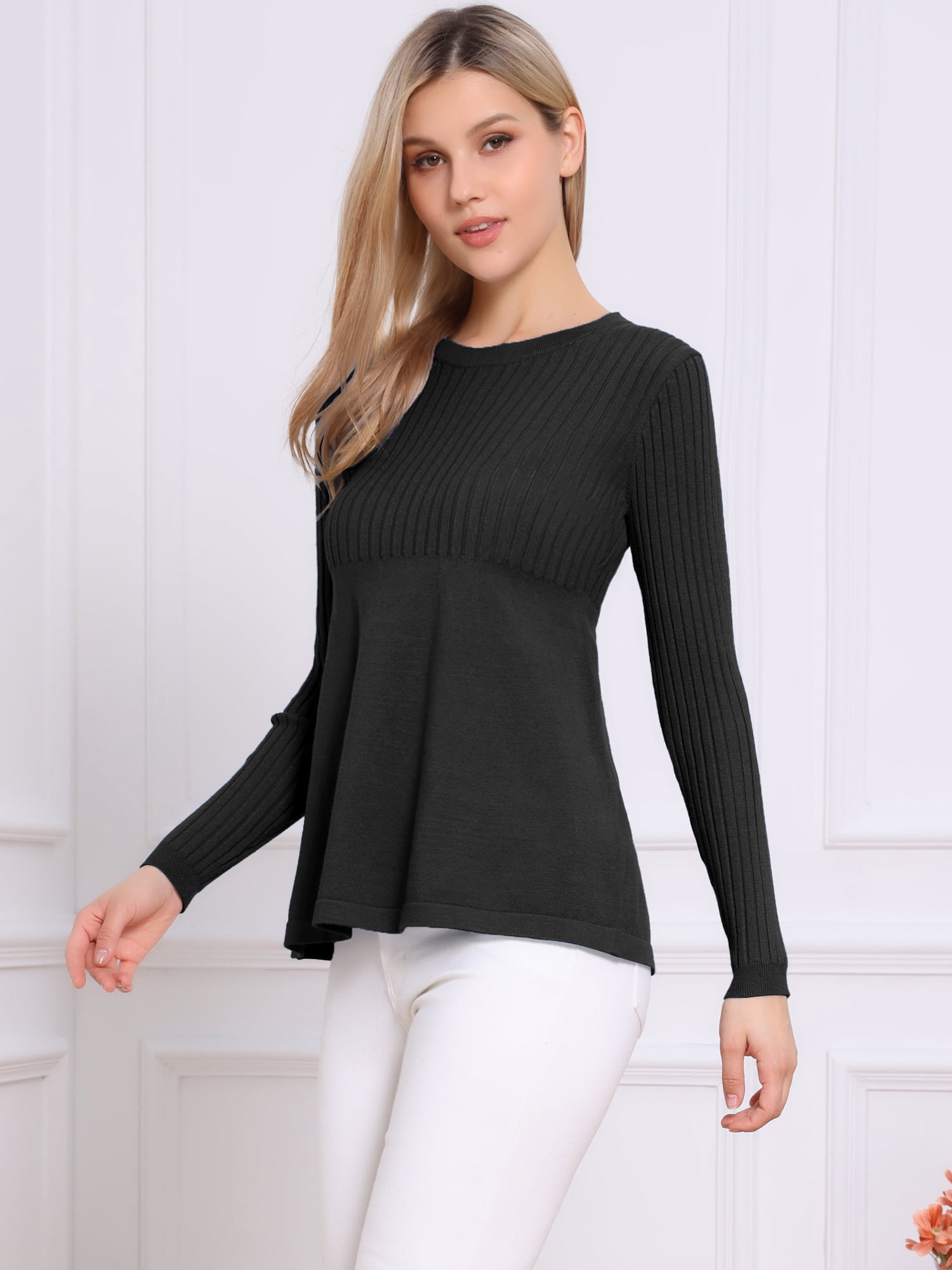 DARING DIVA Women's Crewneck Long Sleeve Stretchy Pullover Sweaters M Black