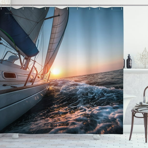 Nautical Shower Curtain, Sail Boat in the Sea Waves toward Sunset