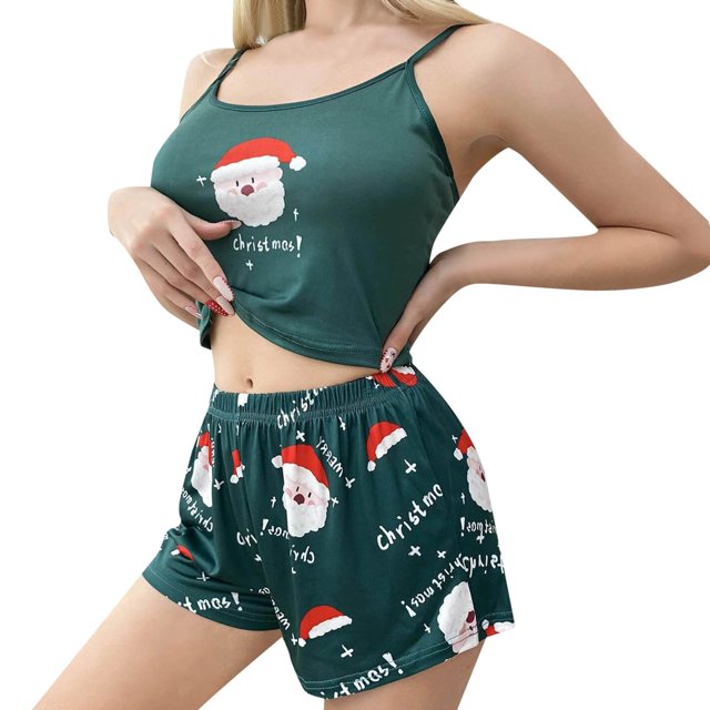 Gibobby Conjunto de camisola sexy con estampado navideño para mujer, conjunto de pantalones cortos, lencería, pijamas (Verde, XL)