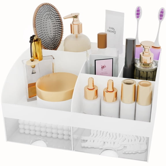 White Makeup Organizer for Bedroom, Bathroom & Office Vanity - Waterproof Dustproof Cosmetic Storage with Lid, ABS Plastic 8.3x5.6x4.8 Inches