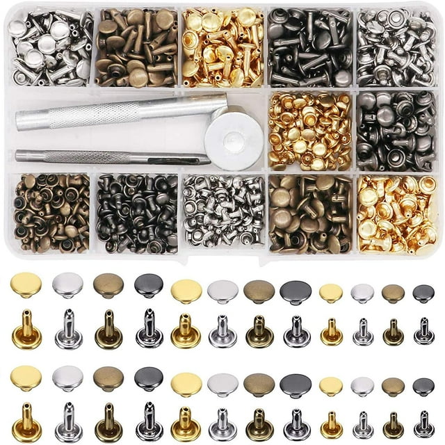 ZECATL 480 Sets Leather Rivets, 3 Sizes 4 Colors Double Cap Rivet Tubular Metal Studs with Setting Tools for DIY Leather Craft, Clothes, Shoes, Bags, Belts Repair Decoration
