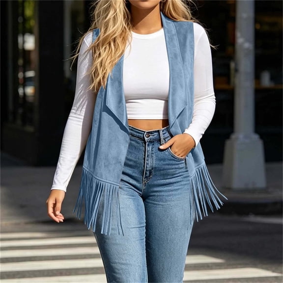 IUYRTFE Women's Western Fringe Sleeveless Vest Open Front Suede Cardigan with Long Fringe Trim
