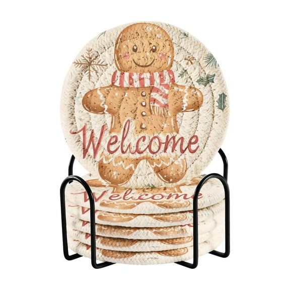 Cute Welcome Gingerbread Man Coasters with Holder for Coffee Table 6 Pcs Drink Coaster Sets Absorbent for Home Decor 4 inch