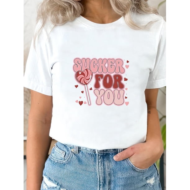 Women's "Heart Sucker for You" Valentine's Day Tee - Casual & Sporty, Breathable 100%, Short Sleeve, Round Neck in Black with Pink & Red Hearts Design
