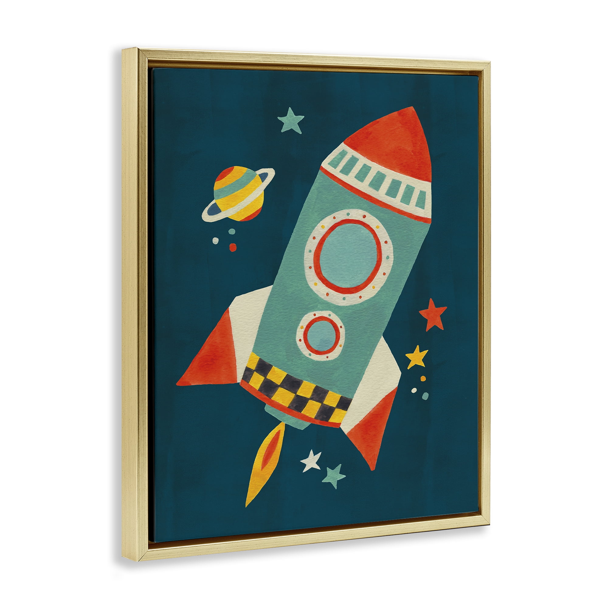 Stupell Industries Rocket Ship in Space Transportation Painting Gold Floater Framed Canvas Art Print Wall Art, 25 x 31