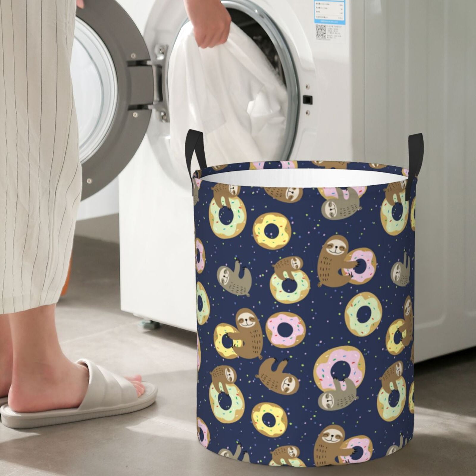 Large Laundry Basket with Handles - Donut Sloth Print Kids Baby Dirty Clothes Laundry Hamper for Bedroom Aesthetic