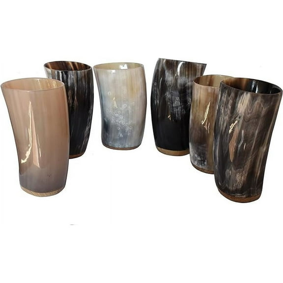 Viking Traders medieval handcrafted norse drinking horn glass wooden base pack of 6 for beer ale mead and wine ceremonial gift pack