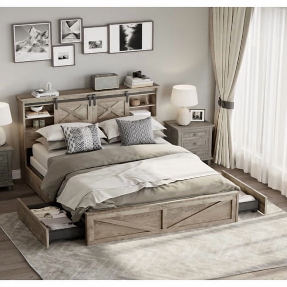 King Size Farmhouse Bed Frame with LED Lights and Charging Station, Wooden Platform Bed with 2 Storage Drawers and Barn Door Headboard for Bedroom, Sturdy Support, Grey