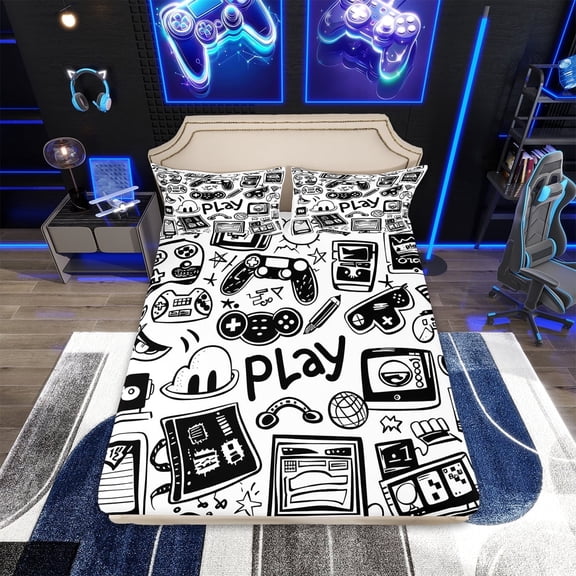 Boys Gamer Bed Sheets Set Queen,Gaming Sheet Set For Kids,Video Games Controller Gamepad Sheets Black White Graffiti Flat Fitted Sheet