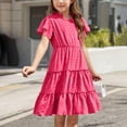 thumbnail image 4 of Miluxas Girls Dresses Summer Ruffle Sleeve Solid Color V Neck Twirl Birthday Party Midi Dress Hot Pink 5 Years(120), 4 of 9