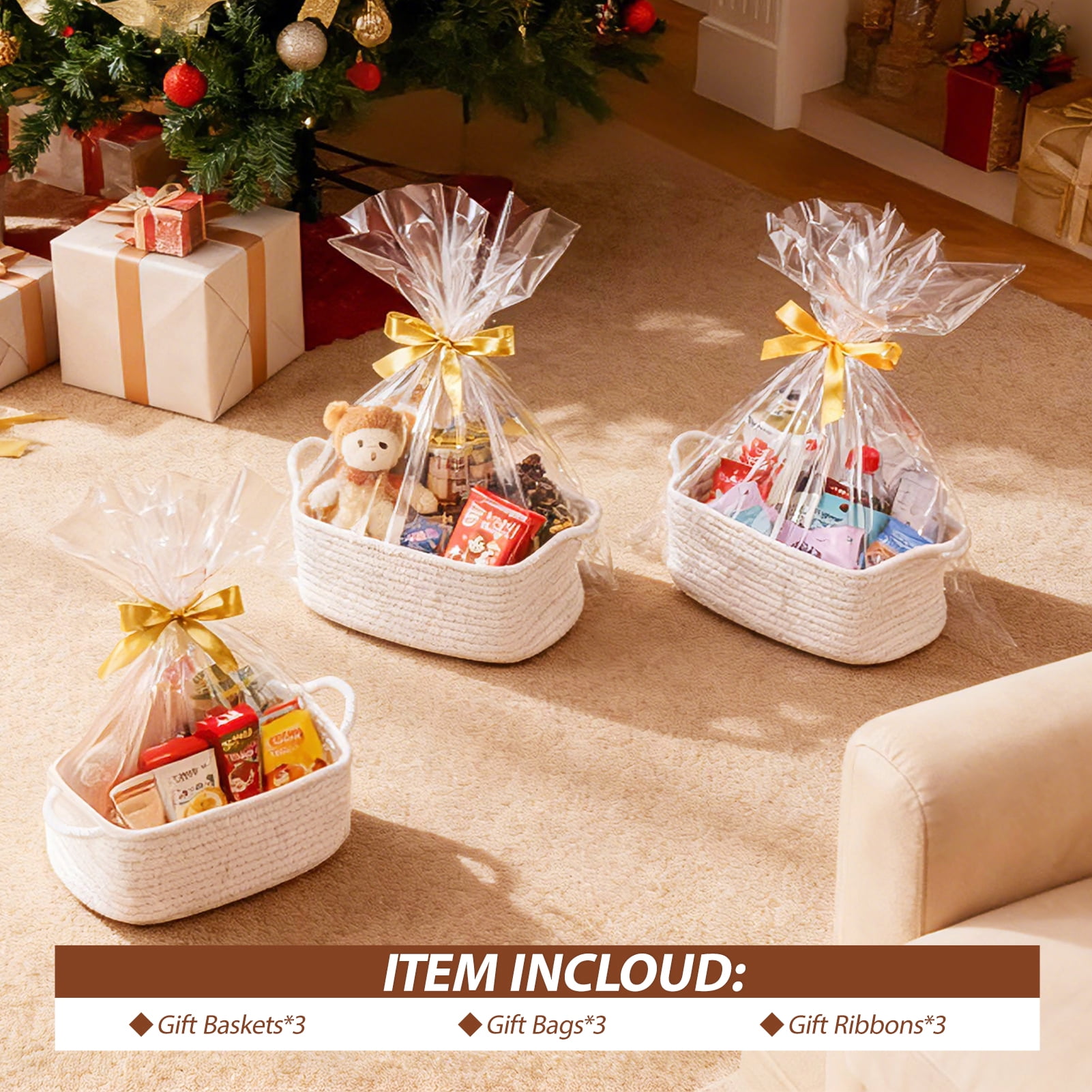 Lumikrypt 3 Pack Woven Basket with Gift Bags and Ribbons, 12" x 8" x 5" Empty Gift Basket with Handles, Small Rope Basket for Storage, White