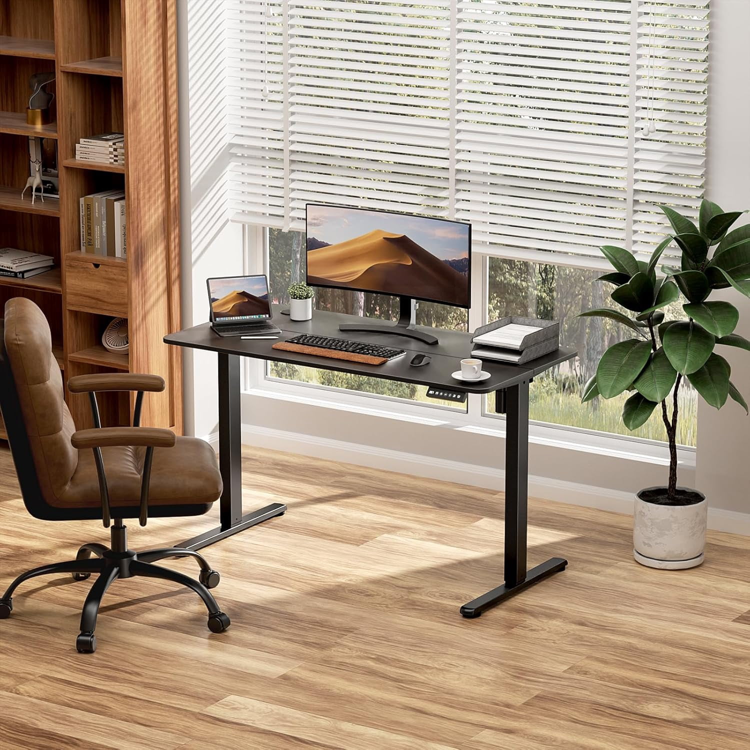 55 x 24 Inch Electric Standing Desk with Spliced Desktop, Height Adjustable Sit Stand Workstation for Home Office, Black