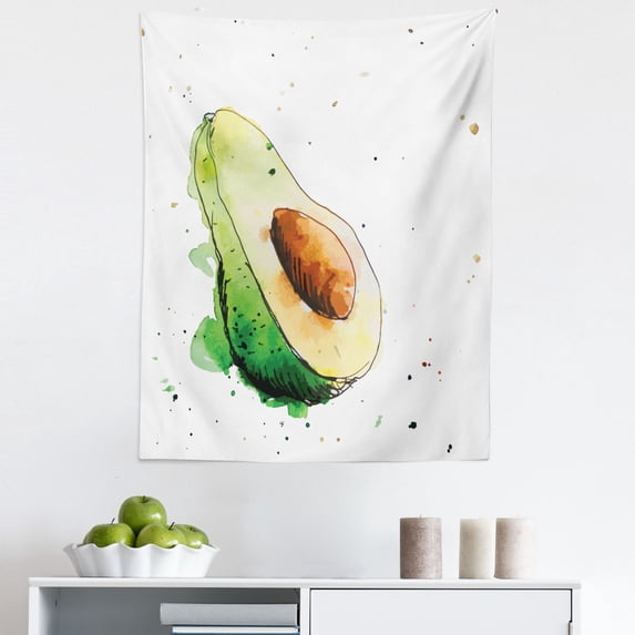 Avocado Tapestry, Simplistic Watercolor Art Effect Doodle Slice Tasty Gourmet Vegetable, Fabric Wall Hanging Decor for Bedroom Living Room Dorm, 5 Sizes, Pale Green Brown Green, by Ambesonne