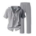 thumbnail image 5 of Awwp Men Set Summer Matching Set for Men Holiday Shor Sleeve Shirts 2 Piece Sets Trendy Long Pants Button Button With Hooded Dark Gray XL, 5 of 6