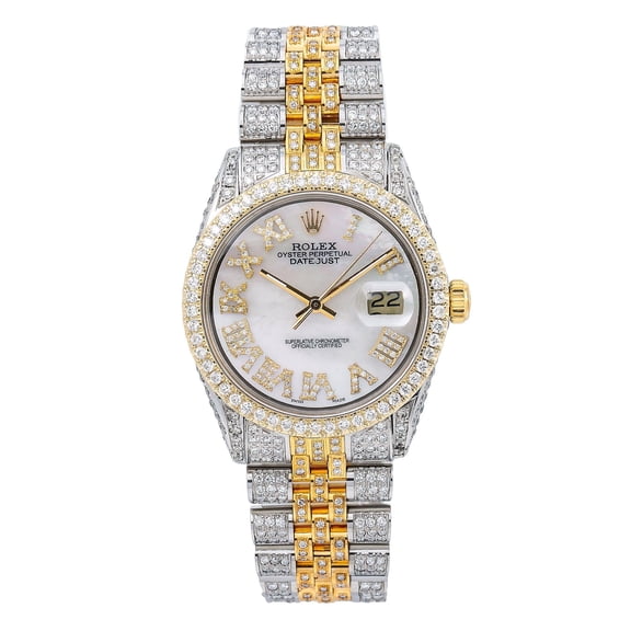 Pre-Owned Rolex Datejust 36MM 116203 Mother of Pearl Roman Diamond Dial Diamond Bezel Two Tone Yellow Gold Full Diamond Jubilee Bracelet 8.25ct