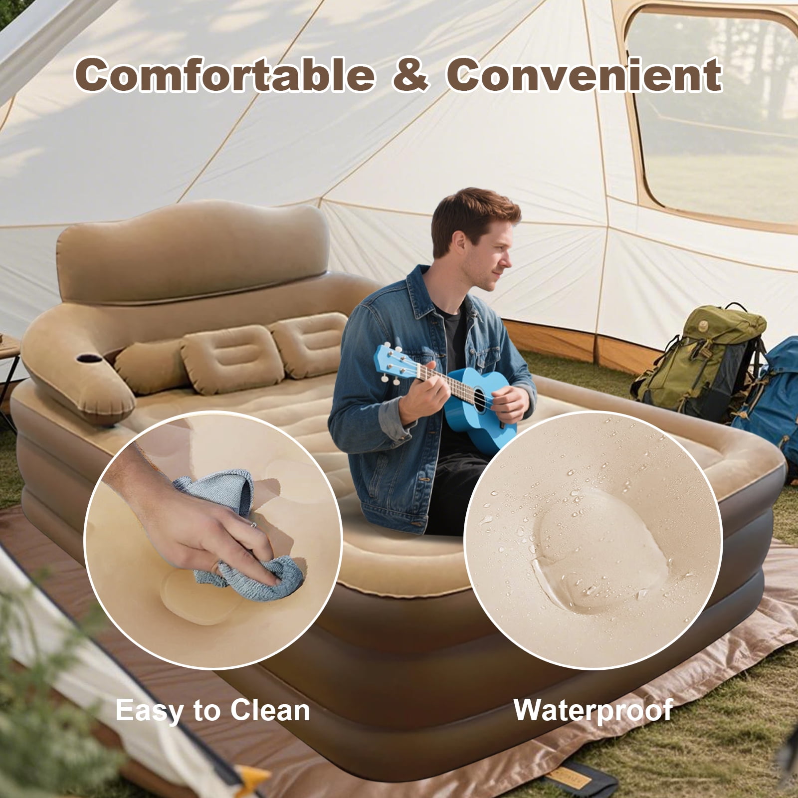 KFeng 18in Queen Brown Inflatable Air Mattress with Headboard,Built-in & Removable Pump,Camping & Home Use