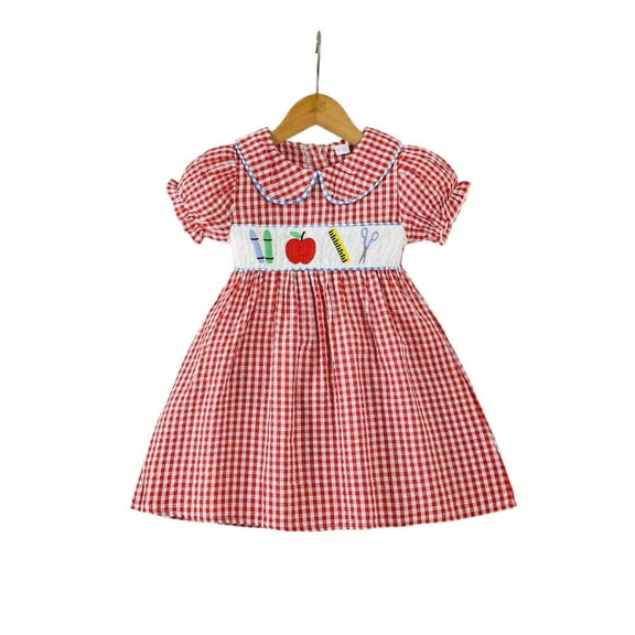MEZZALL Girls Dresses Floral Embroidery Checkered Summer Dress With Collar And Puff Sleeves For Toddler Kids Comfortable Casual Outfits Stylish Cartoon Clothing