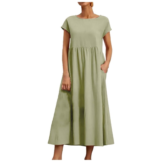 Vestido informal de lino sin mangas para mujer con bolsillos - Vestido midi de verano holgado con cuello redondo