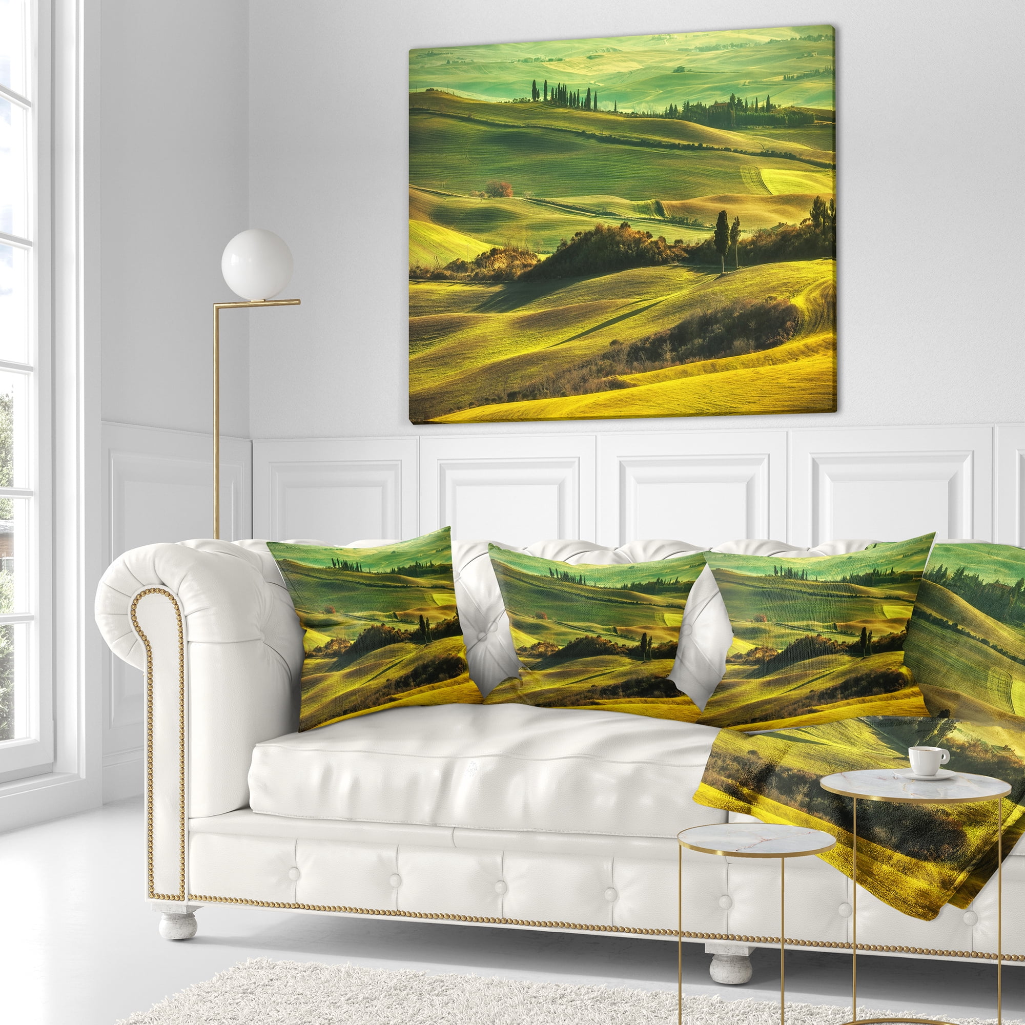 Designart Green Rolling Hills on Misty Sunset - Landscape Wall Throw Pillow - 18x18