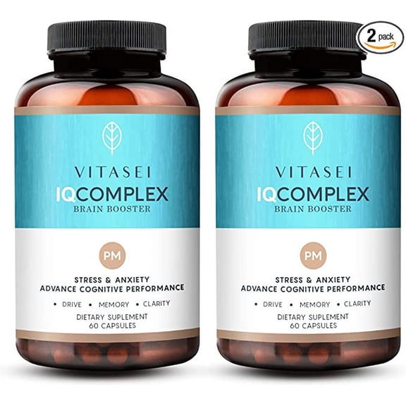 VITASEI IQ Complex PM Brain Booster Supplement,Nootropics Brain Support Supplement W/Chamomile, Vitamin B6 & Ashwagandha, Enhance Focus, Boost Concentration & Enhance Mental Clarity-60 Capsules (2pck)