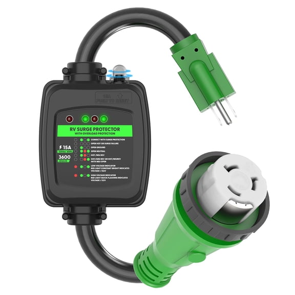 RVGUARD Surge Protector 50 Amp to 110 Volt RV Adapter Cord with Overload Protection, NEMA 5-15P to NEMA SS2-50R Electrical Power Adapter, 2 Feet, Green, ETL Listed