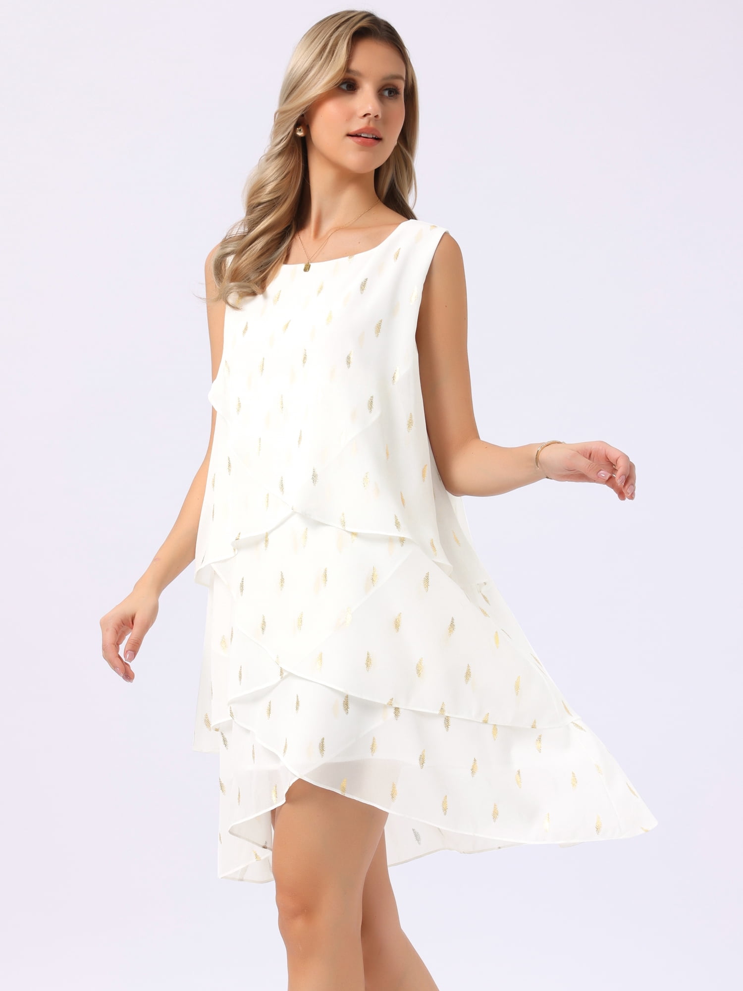 DARING DIVA Women's Party Sleeveless Crewneck Tiered Layered Chiffon Flowy Dress L White