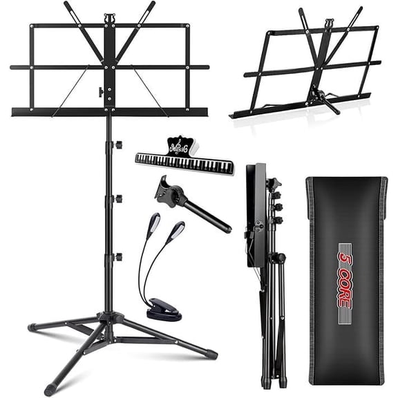 5Core Music Stand For Sheet Music Portable Tripod Adjustable Folding With Lights Note Holder BLACK