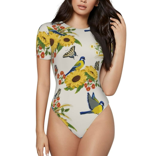 Bingfone Motif Tournesols d'Oiseaux Justaucorps à Col Rond pour Femmes, Justaucorps à Boutons-Pression Manches Courtes, Adapté pour Fête, Sports, Usage Quotidien-Petit