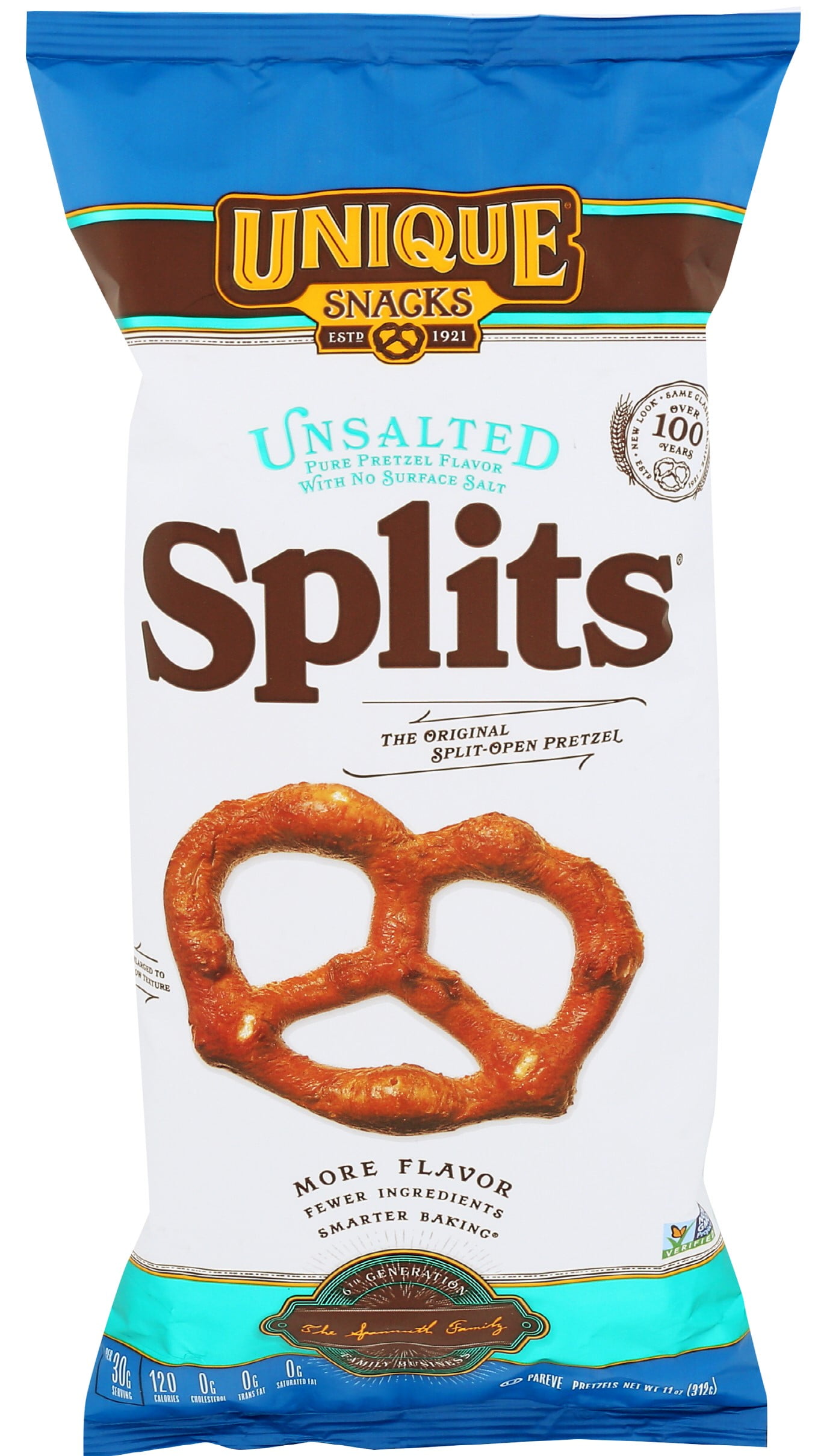 Unique Snacks - Unique Pretzels Unsalted Splits Pretzels, Homestyle Baked, 11 Ounce Bags, 66 Ounces Total (Pack of 6)