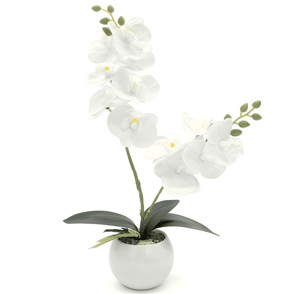 CasaVibe 42cm White Real Touch Orchid Artificial Flowers, 12 Blooms 2 Stems Potted in Ceramic Pot with Real Stones - Fake Plant for Home Decor Indoor