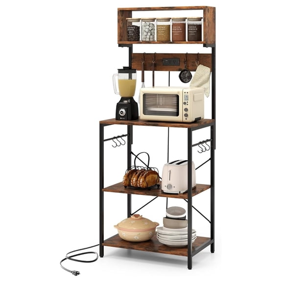 Baker’s Rack with Power Outlet, 5-Tier Microwave Stand with Open Shelves & 10 Hanging , 60” Tall Coffee Bar Station for Kitchen, Dining Room, Living Room, Rustic Brown