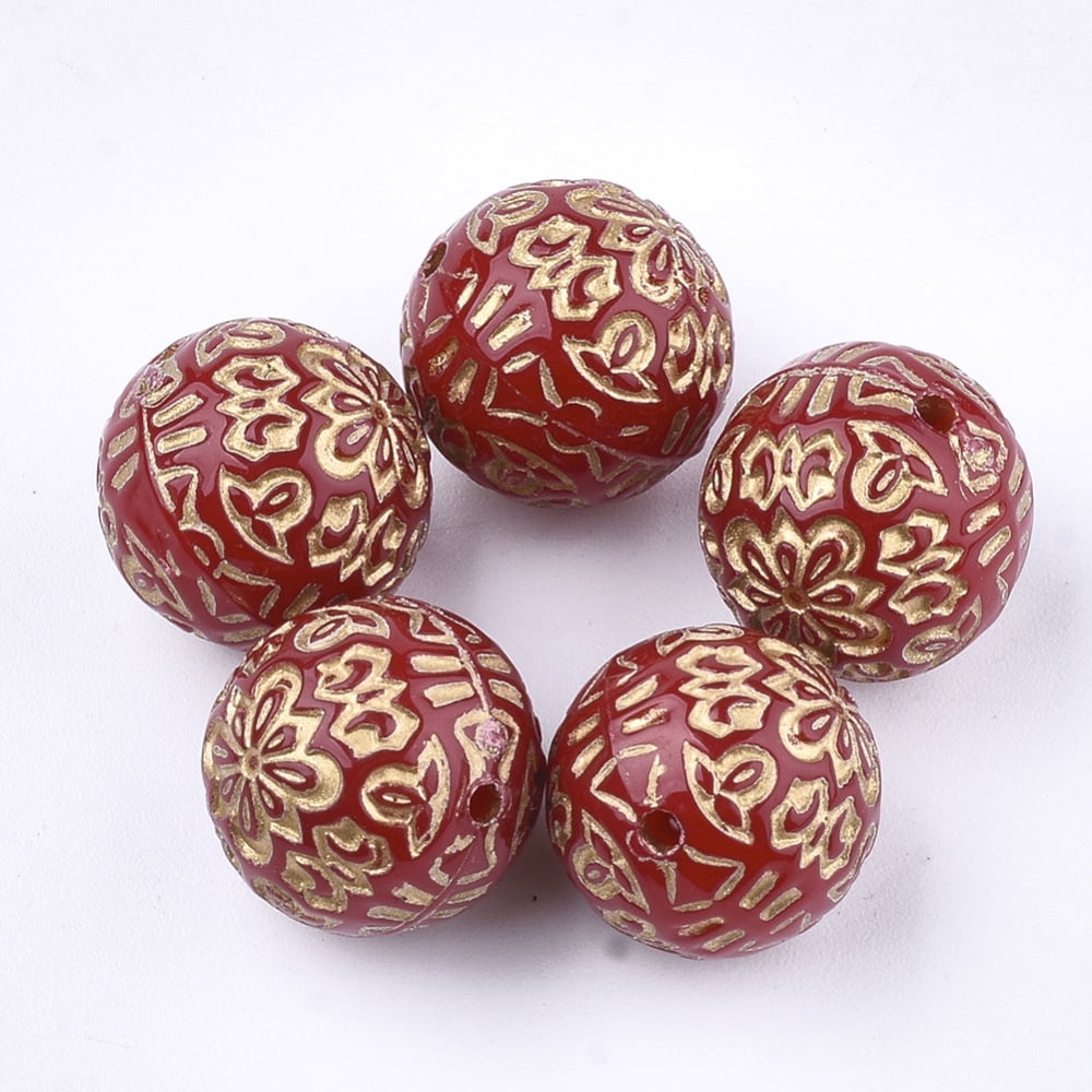 Plating Acrylic Beads Metal Enlaced Round with Flower Red 13.5~14mm Hole: 1.5mm about 325pcs/500g