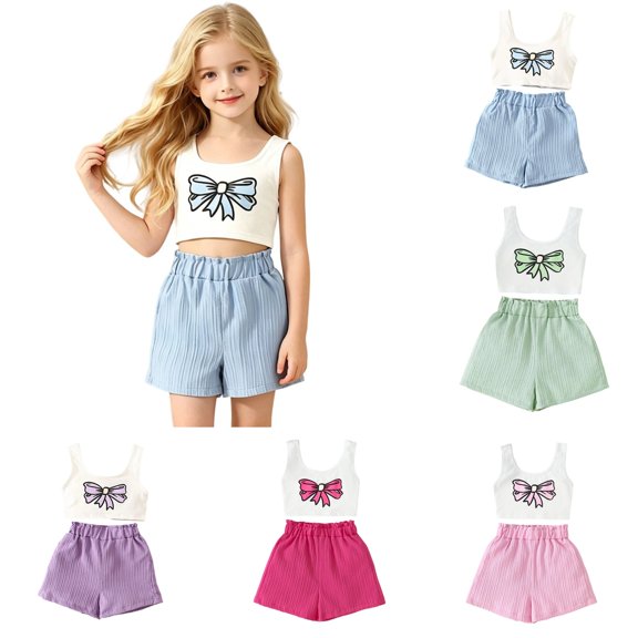 SGMVNU Girls 2 Piece Outfits Cute Bowknot Print Sleeveless Crop Tank Top and High Waist Shorts Play Set Kids Summer Clothes, Size 10-11 Years, Blue