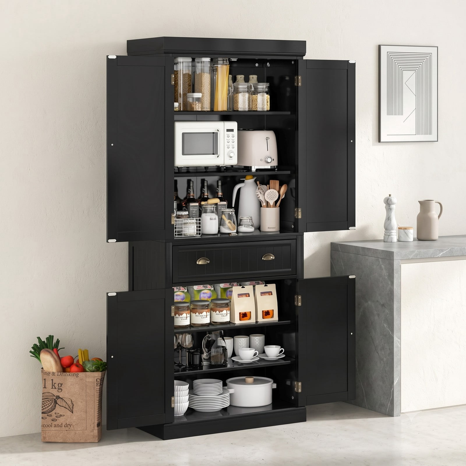 Furnibear Freestanding Tall Kitchen Pantry Cabinet with 4 Doors and Adjustable Shelves and Center Drawer for Kitchen Storage, Black