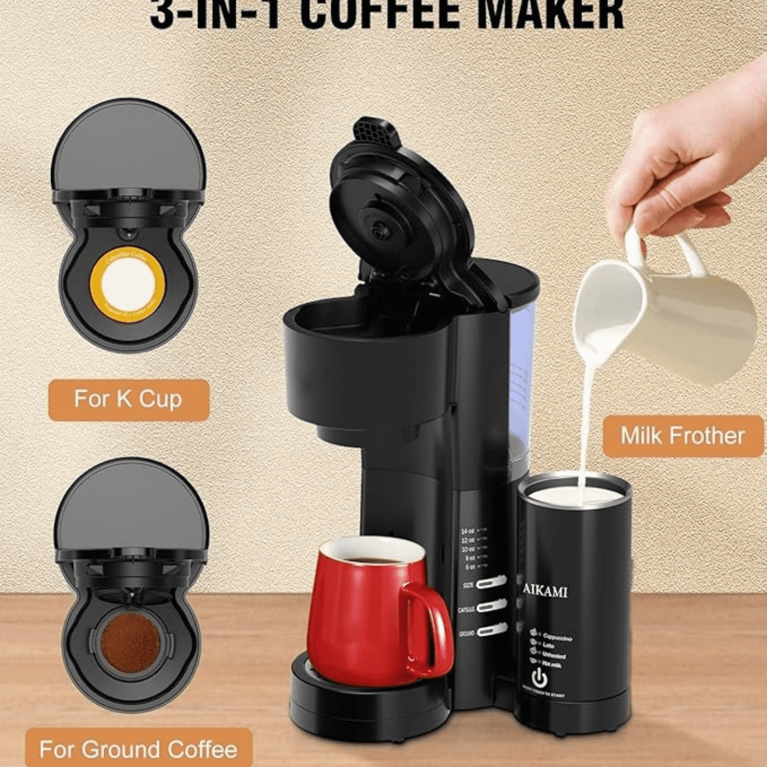 Single Serve Coffee Maker for K Cup & Ground Coffee with Milk Frother, 6 to 14 Oz Brew Sizes, Auto-Off Coffee Machine with Water Reservoir