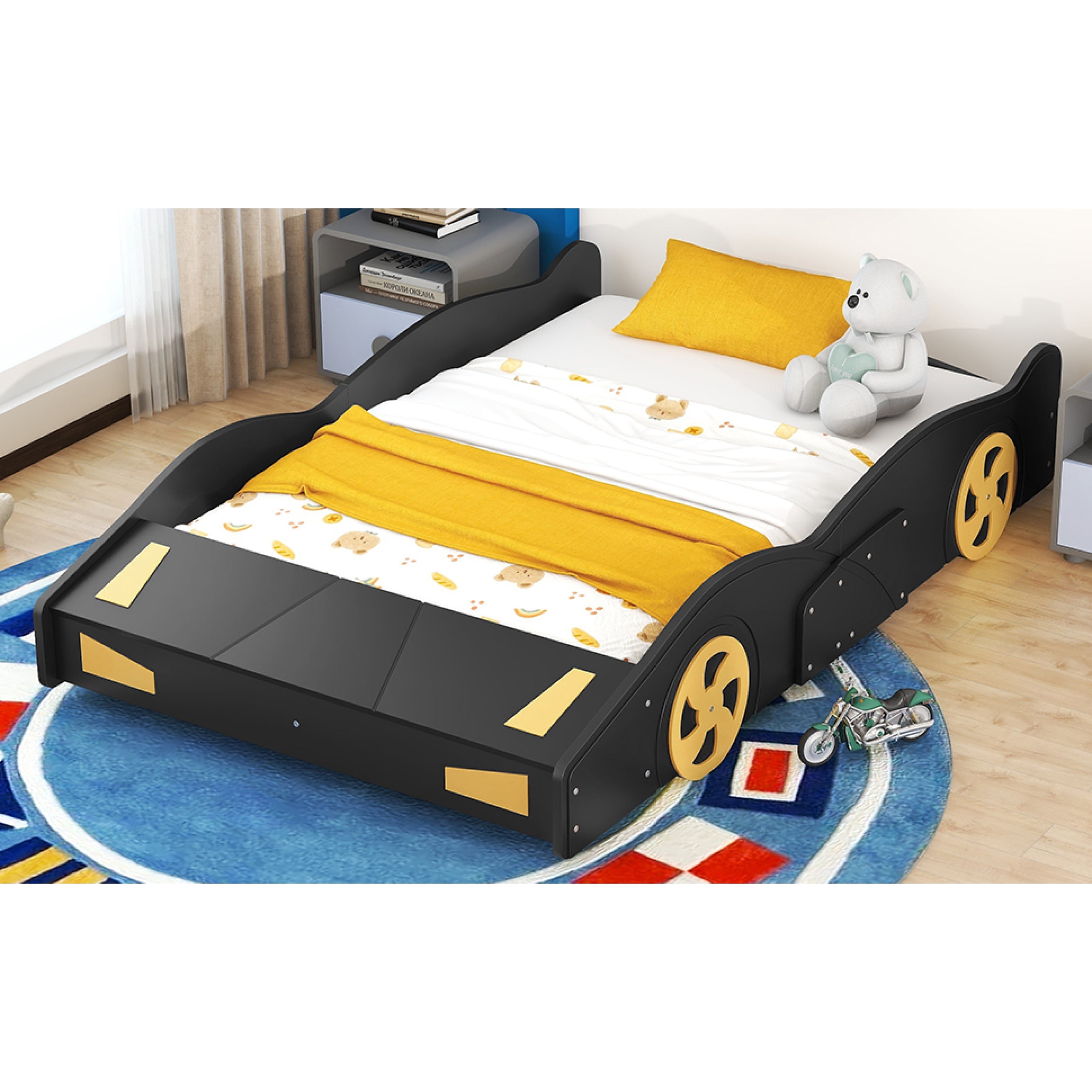 Full Size Race Car-Shaped Platform Bed with Wheels and Storage, Black&Yellow 60AAB