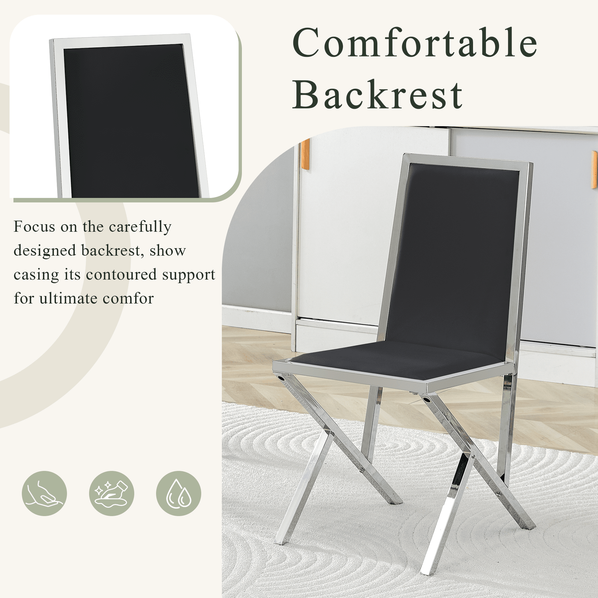 Dining Chairs Set of 4, Black PU Leather Dining Chairs with Silver Metal Frame, Ergonomic Modern Dining Room Chairs, Upholstered Kitchen Chairs with Adjustable Feet, Easy to Clean