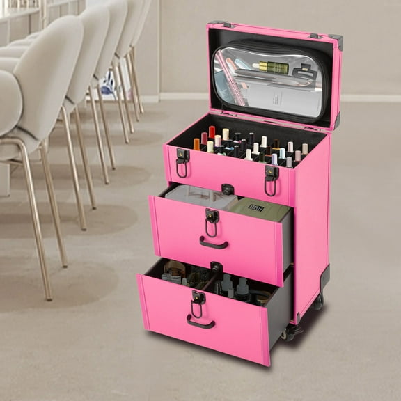 SHZICMY Rolling Makeup Train Case Aluminum Cosmetic Case Trolley with Drawer Lock Pink