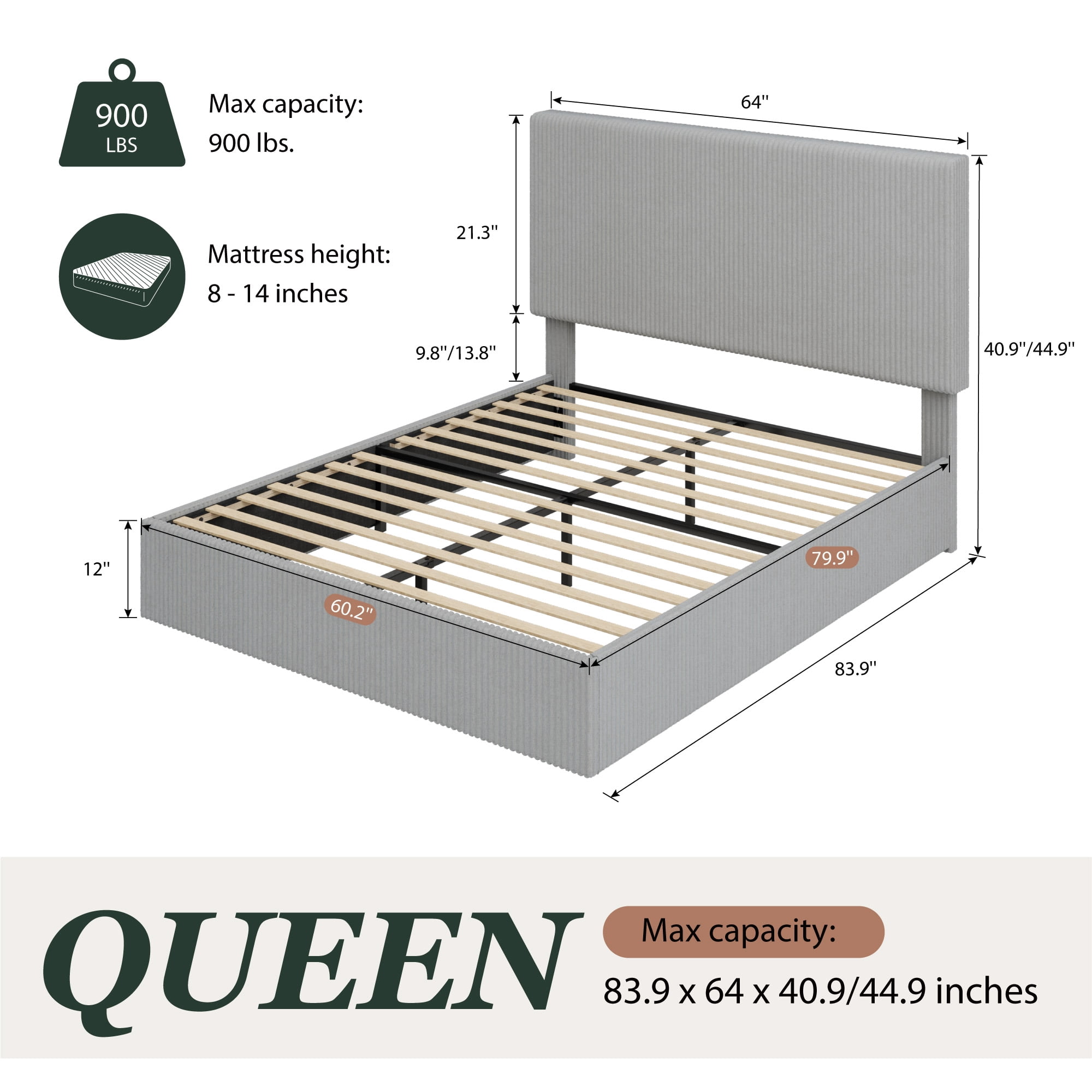 Amolife Queen Size Upholstered Platform Bed Frame with Adjustable Height Headboard, Noise-Free, Light Grey