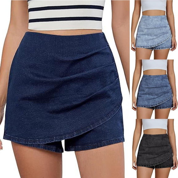 Jsaierl Women's Wrap-Front Denim Skort, High Waist Casual Jean Skirt-Shorts, Faux Wrap Style Skort for Everyday Wear