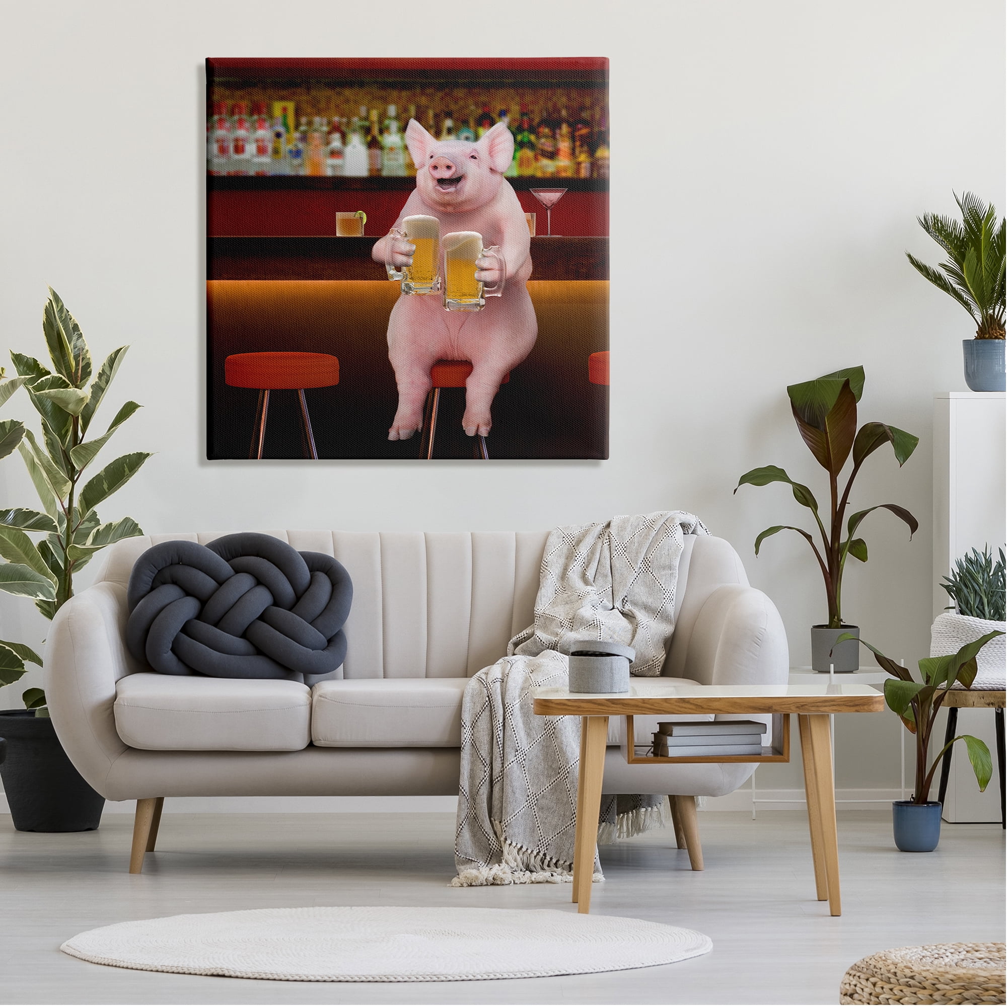 Stupell Industries Pig on Pub Bar Stool Animals & Insects Painting Gallery Wrapped Canvas Print Wall Art, 36 x 36